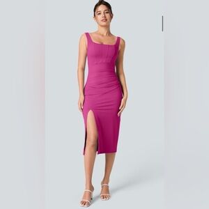 Halara fuschia pink stretch breathable midi dress front slit built in bra NWT